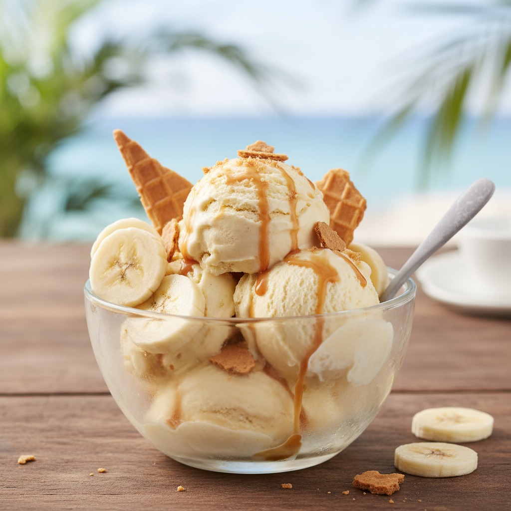 Een glazen schaaltje met banaan-ijs, plakjes banaan, karamelsaus en stukjes koek op een houten tafel met een tropische achtergrond.