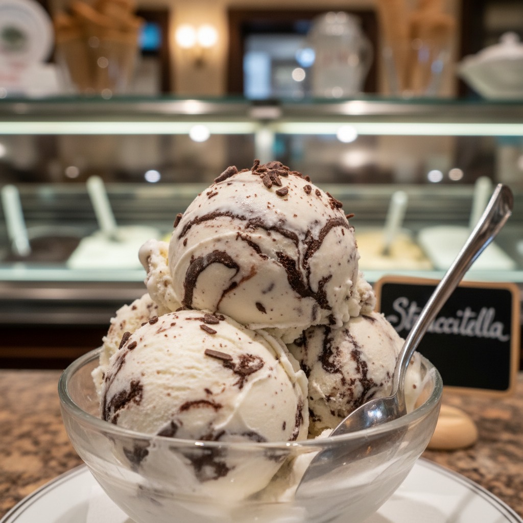 Een glazen schaaltje met drie bollen stracciatella-ijs en een zilveren lepel, met op de achtergrond een ijsvitrine.
